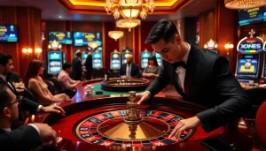 Experience the excitement of XN88 with a luxurious roulette table and engaging gamblers in a vibrant casino atmosphere.