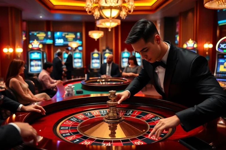 Experience the excitement of XN88 with a luxurious roulette table and engaging gamblers in a vibrant casino atmosphere.