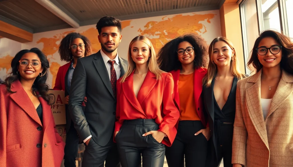 RageOff worldwide shipping illustrated through stylish models showcasing trendy luxury fashion amid vibrant colors.