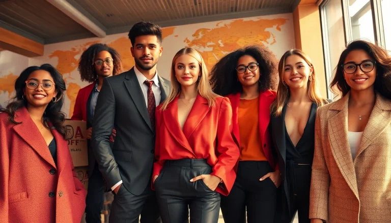 RageOff worldwide shipping illustrated through stylish models showcasing trendy luxury fashion amid vibrant colors.