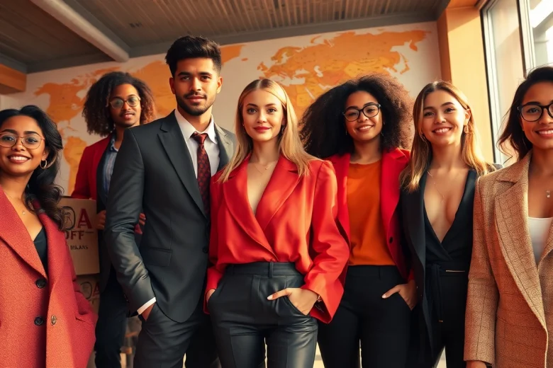 RageOff worldwide shipping illustrated through stylish models showcasing trendy luxury fashion amid vibrant colors.