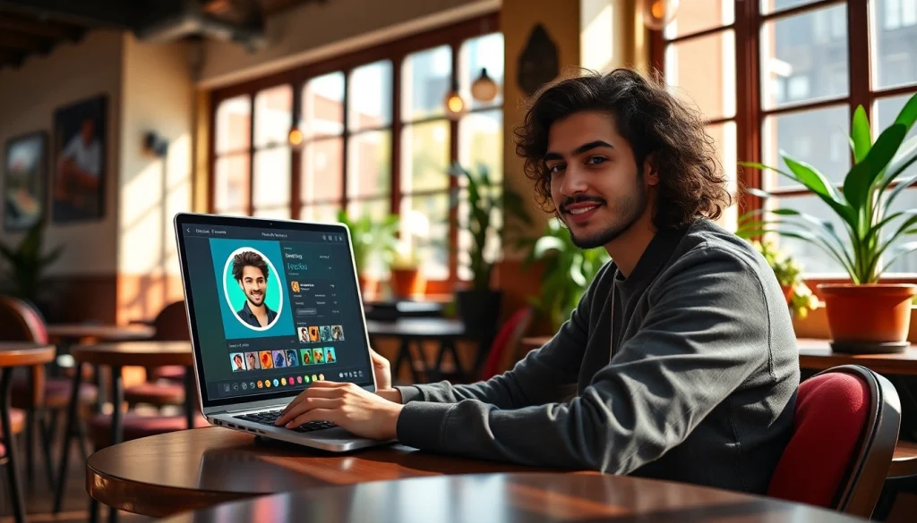 Create vibrant whatsapp profile photo in a trendy café using a photo editing tool.