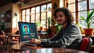 Create vibrant whatsapp profile photo in a trendy café using a photo editing tool.