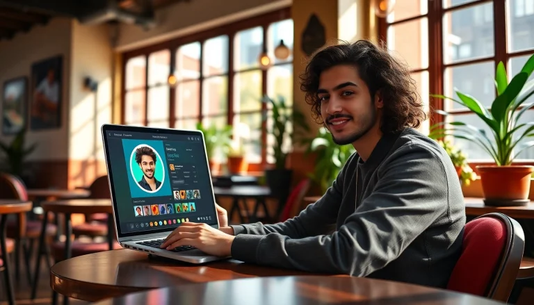 Create vibrant whatsapp profile photo in a trendy café using a photo editing tool.