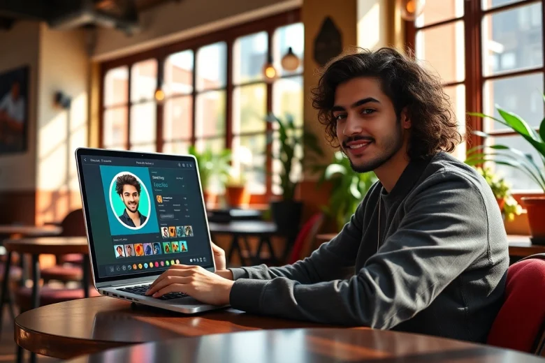 Create vibrant whatsapp profile photo in a trendy café using a photo editing tool.