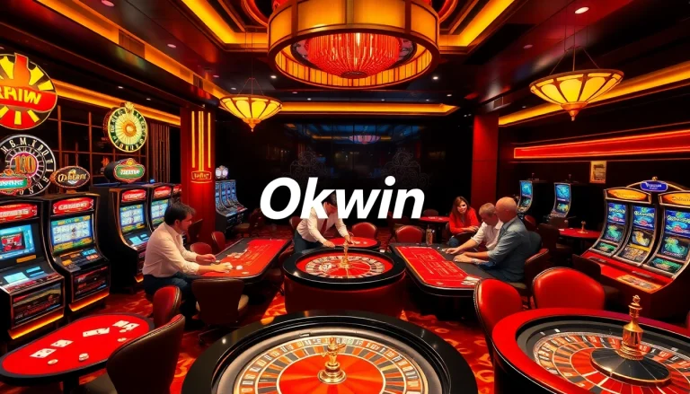 Players enjoy thrilling games at Okwin casino with vibrant slot machines and lavish gaming tables.