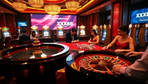 Experience the excitement of gambling at https://xx88.promo/ with a vibrant casino scene showcasing roulette and poker.