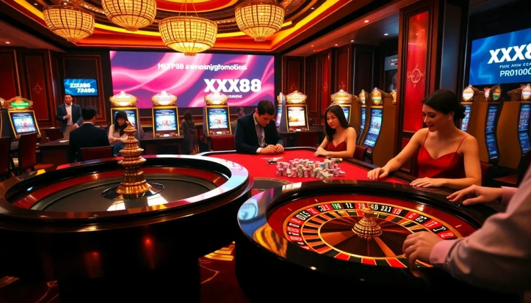 Experience the excitement of gambling at https://xx88.promo/ with a vibrant casino scene showcasing roulette and poker.