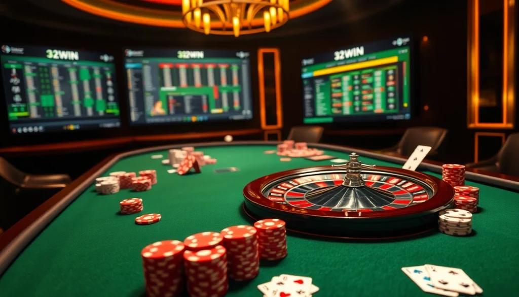 Experience the thrill of playing at 32WIN with engaging poker chips and an elegant casino setup.