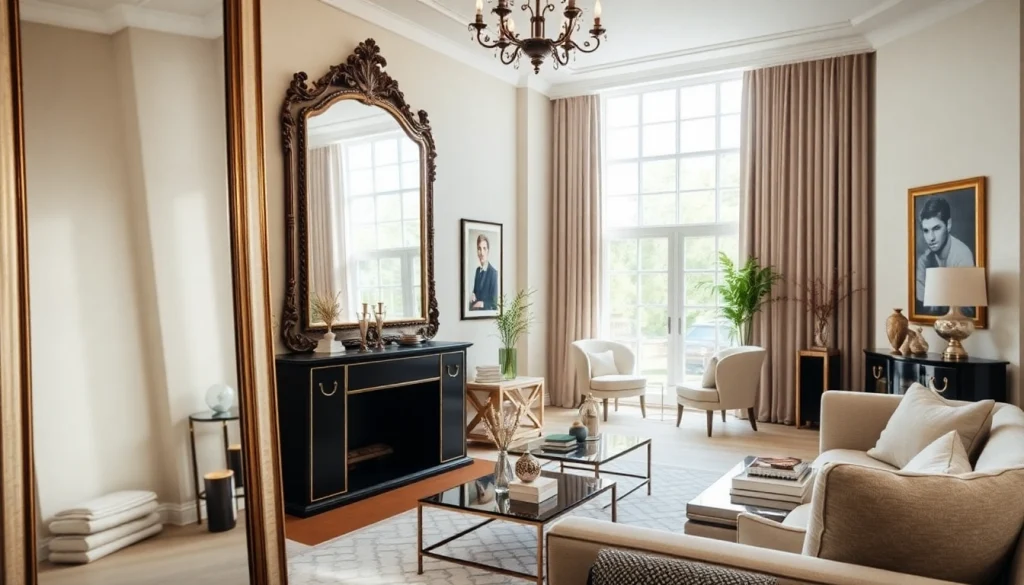 Showcase of bespoke mirrors from https://merithome.co.uk in an elegant living room setting.