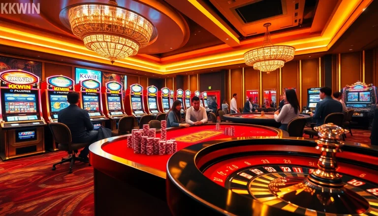 Players enjoying an exciting game at KKWIN casino with vibrant slot machines and poker tables.