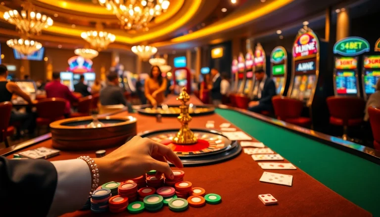 Gamblers placing bets at a luxurious 54BET casino table with chips and cards.