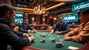 Players strategizing at a high-stakes poker game with UU88 branding visible.