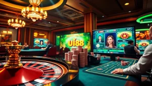 Engaging scene of online gambling with tai game uu88, showcasing poker chips and roulette wheel.