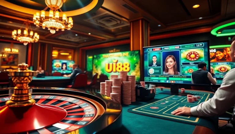 Engaging scene of online gambling with tai game uu88, showcasing poker chips and roulette wheel.