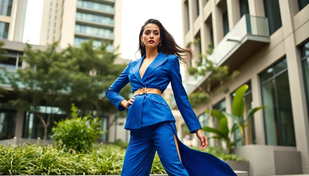 Showcasing a fashionable model in Rivelle attire against a modern urban backdrop.