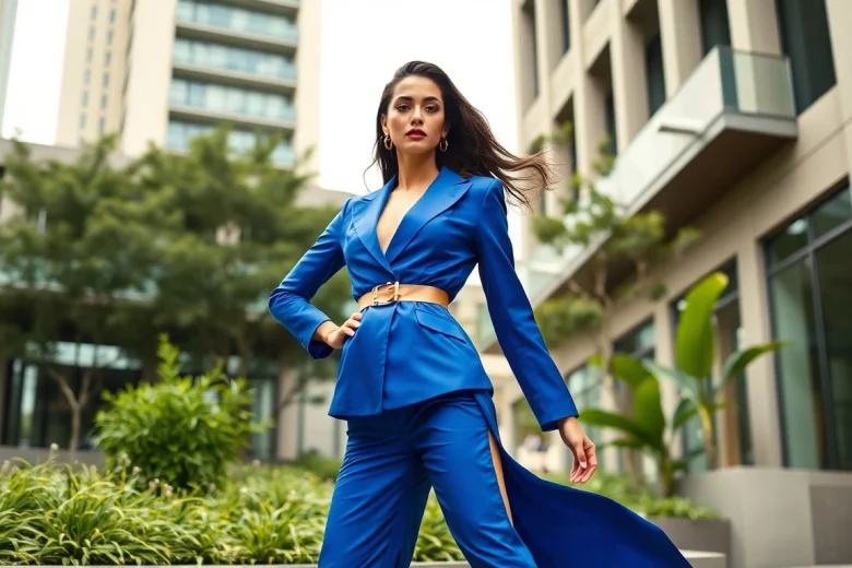 Showcasing a fashionable model in Rivelle attire against a modern urban backdrop.