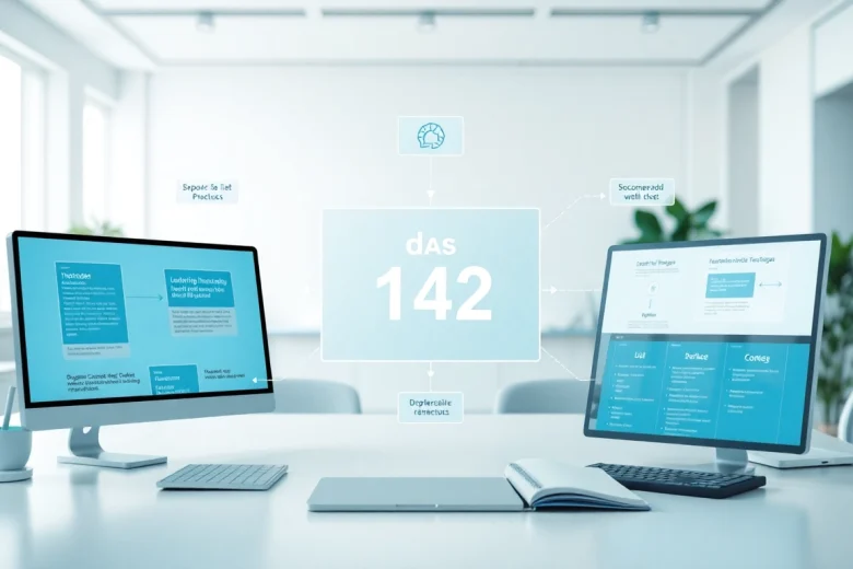 Visual representation of das 142 process with labeled workflow elements in a modern office setting.