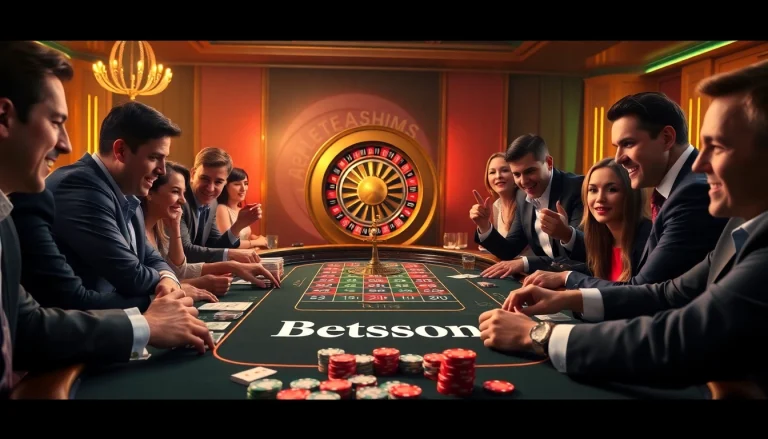 Experience the thrill of Betsson at a lively casino table filled with poker chips and cards.