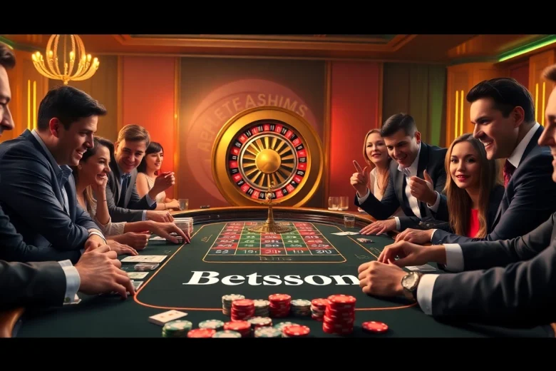 Experience the thrill of Betsson at a lively casino table filled with poker chips and cards.