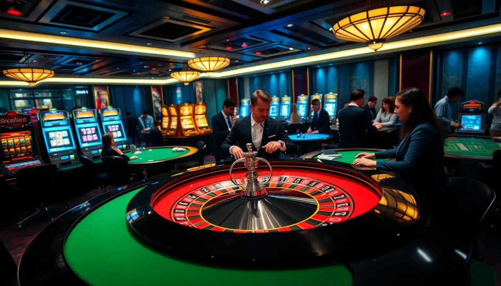 Players enjoy a thrilling roulette game at King88 vina casino, showcasing excitement and luxury.