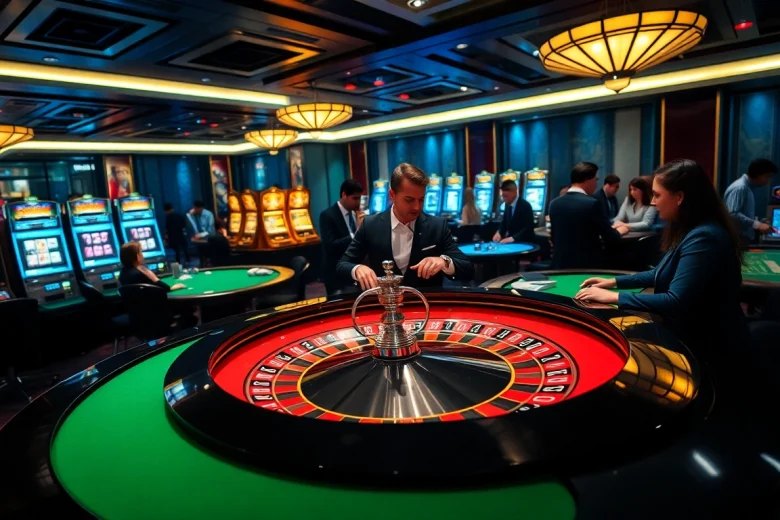 Players enjoy a thrilling roulette game at King88 vina casino, showcasing excitement and luxury.