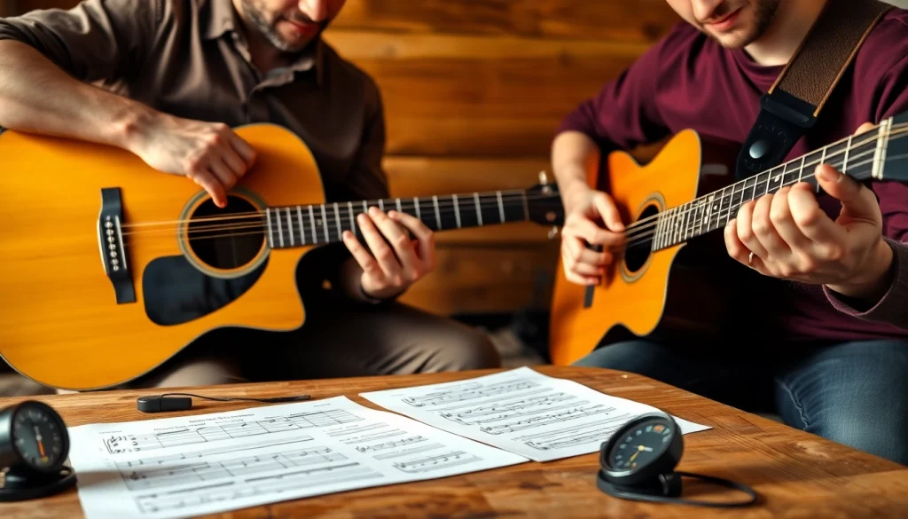 Engaging guitar lesson at https://guitarlessons.co.uk with instructor and student in a cozy setting.