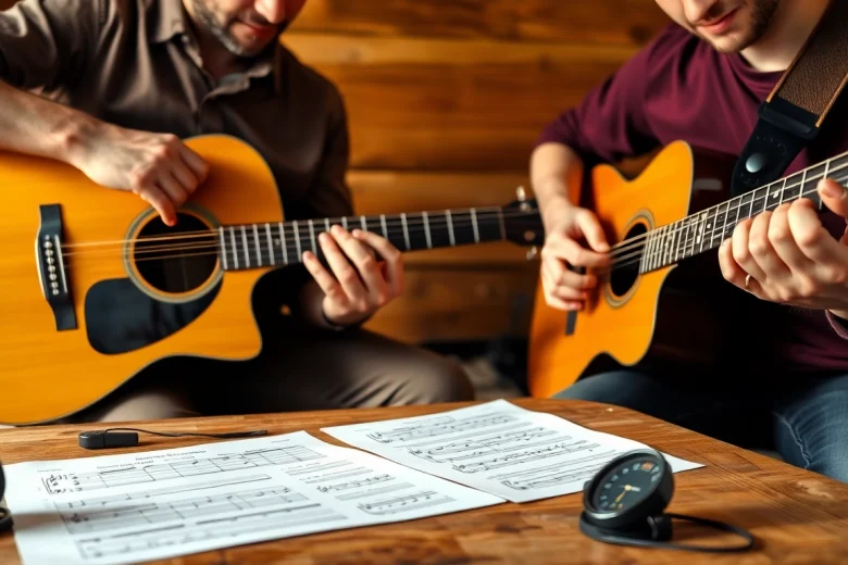 Engaging guitar lesson at https://guitarlessons.co.uk with instructor and student in a cozy setting.