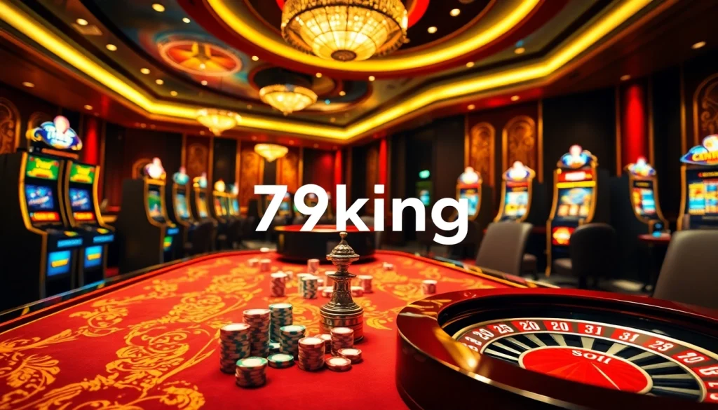 79king players enjoying a vibrant casino setting with poker chips and slot machines.