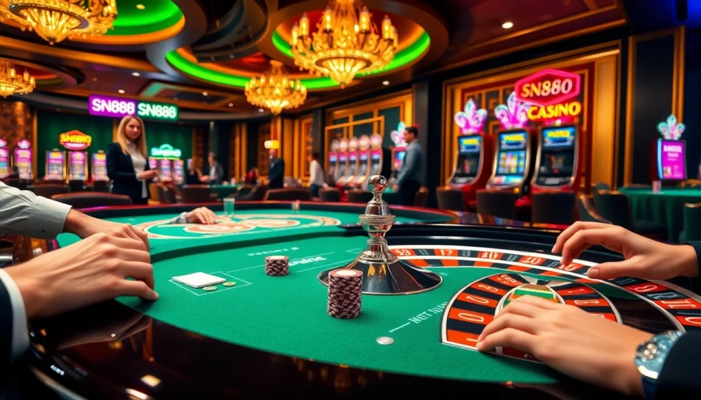 Players enjoying strategic games at a casino table featuring the SN888 brand, with vibrant poker chips and cards.