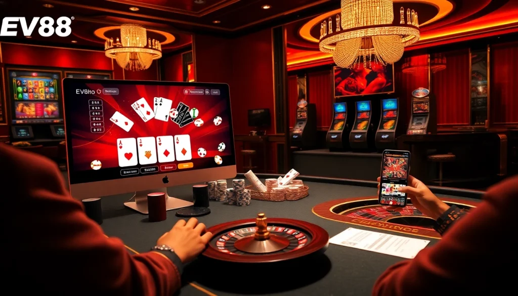 Experience a luxurious gaming atmosphere at EV88 casino with poker chips and tables.