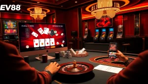 Experience a luxurious gaming atmosphere at EV88 casino with poker chips and tables.