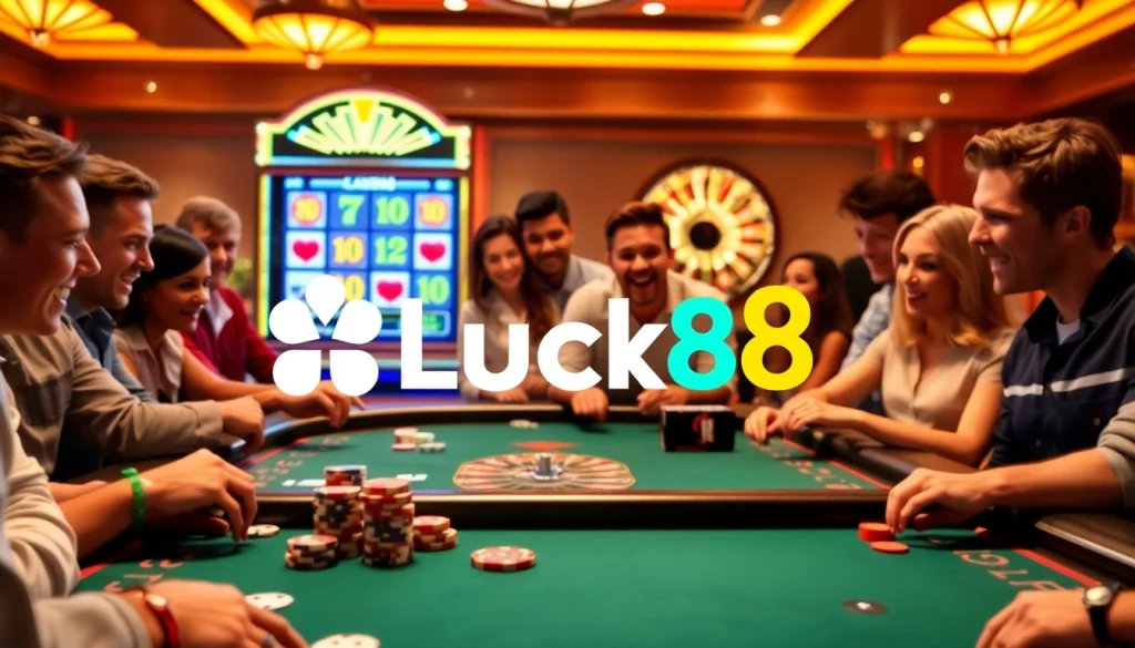 Luck8 players enjoying a high-energy gambling experience at a luxurious poker table.