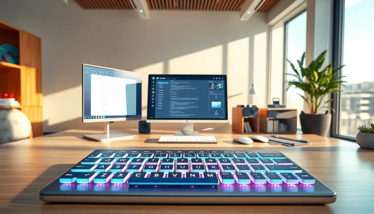 Sogou Input Method download showcasing a modern input interface and vibrant keyboard skins in a sleek workspace.