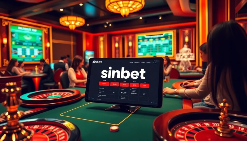 Players enjoying a vibrant casino experience at sinbet.ink with poker chips and roulette wheels.
