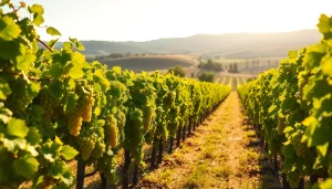 Celebrate local clarksburg wineries with lush vineyards and ripe grapes in a sunny countryside.