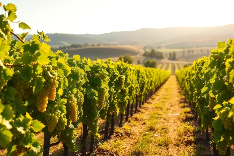 Celebrate local clarksburg wineries with lush vineyards and ripe grapes in a sunny countryside.