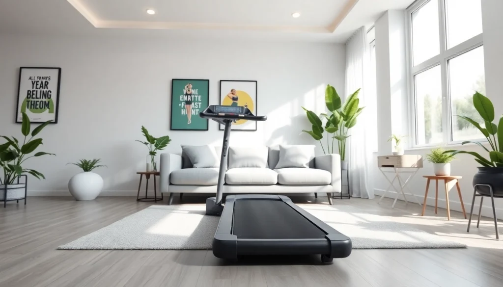 Walking pad treadmill manufacturer showcasing a modern, compact treadmill in a vibrant home fitness setting.