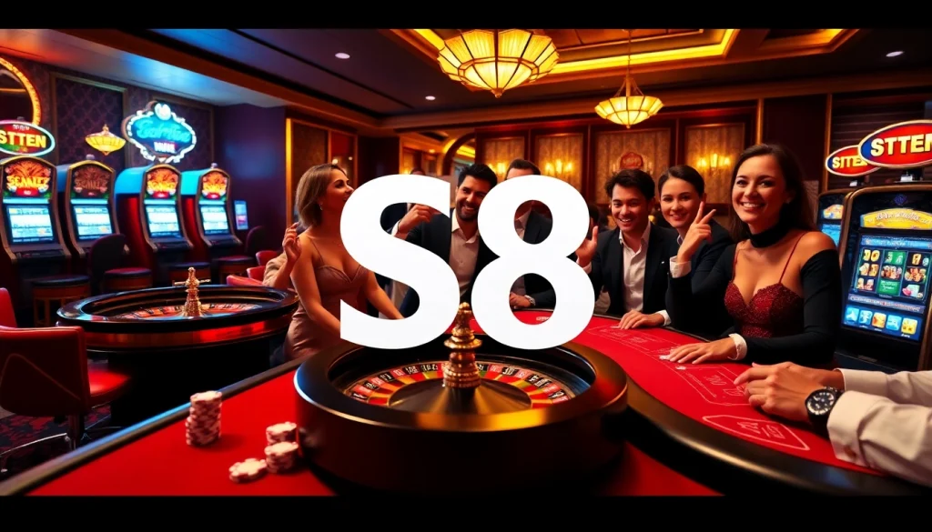 Players enjoying high-stakes poker at S8 casino, showcasing thrilling action and luxury.