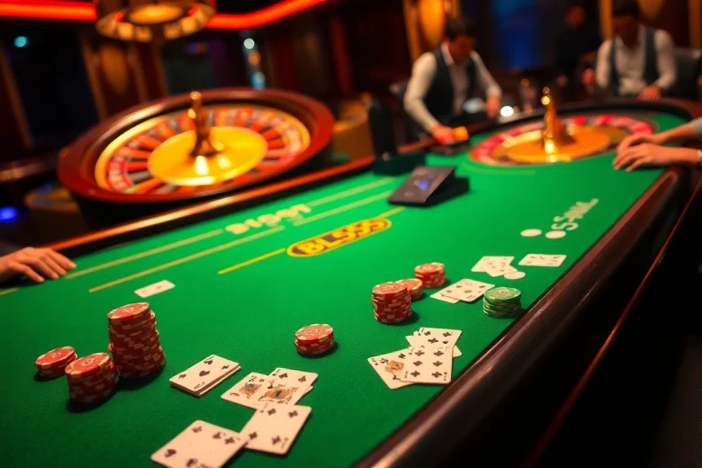 Experience thrilling gameplay at BL555 with a luxurious casino scene featuring a poker table and roulette wheel.