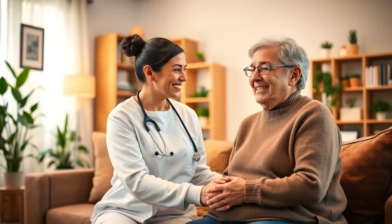 Engaging senior care austin tx scene with caregiver and client in a cozy living room.