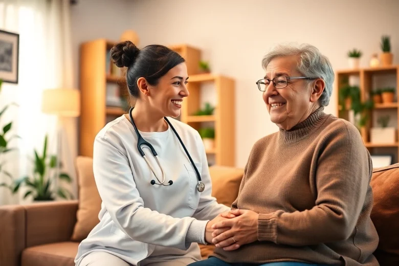 Engaging senior care austin tx scene with caregiver and client in a cozy living room.