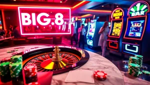 A vibrant casino scene showcasing excitement at BIG88.BAR with roulette, poker chips, and a neon sign.