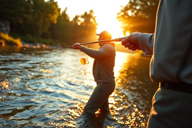 Catch a glimpse of the Best fly fishing rods in action as an angler casts on a serene river.