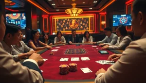 KJC poker table with high-stake chips and elegant players immersed in a luxurious casino atmosphere.