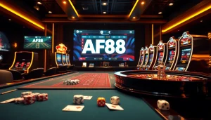 Experience the excitement of AF88 with vibrant casino visuals showcasing gaming tables and slot machines.