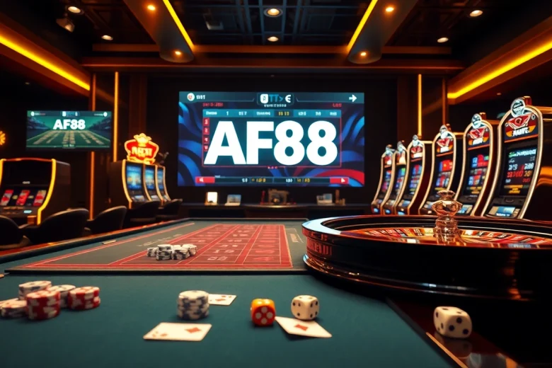 Experience the excitement of AF88 with vibrant casino visuals showcasing gaming tables and slot machines.