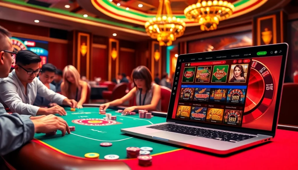 Vibrant casino scene featuring nhà cái u888 poker table, colorful chips, and online gambling interface for a thrilling gaming experience.
