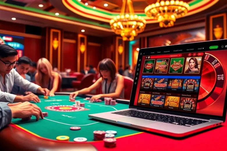 Vibrant casino scene featuring nhà cái u888 poker table, colorful chips, and online gambling interface for a thrilling gaming experience.
