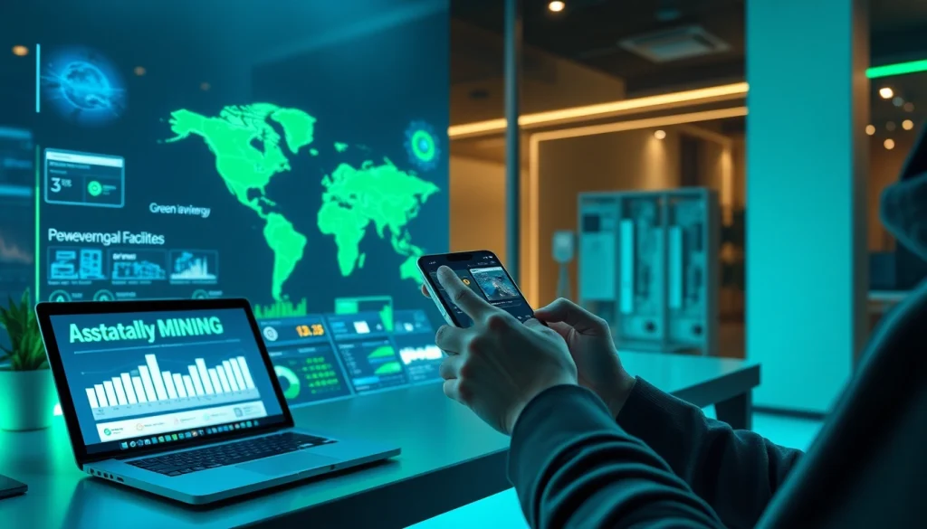 User accessing a crypto mining app, showcasing real-time stats and renewable energy icons.
